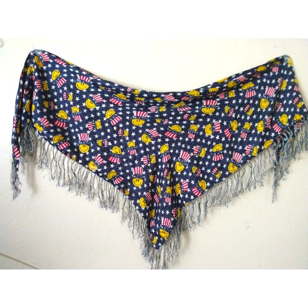 Vintage 100% Silk USA American Blue Flag Smile Womens Bandana Triangle Scarf OS